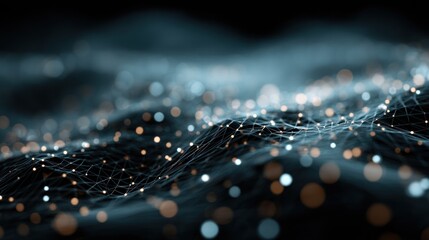 Fototapete - Abstract representation of digital waves with bright dots in a dark setting