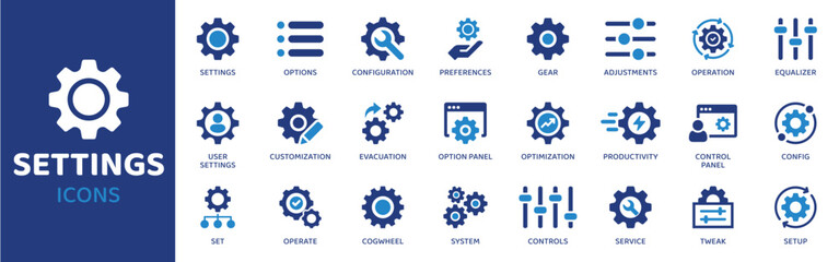 Settings - Icon Collection. Thin Line Set contains such Icons as Settings, Gear, Wrench, Tool, Adjust, Configure, Options and more. Simple web icons set.
