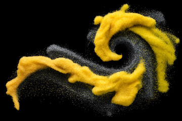 Aufkleber - Abstract yellow powder swirl on a black background, creating a dynamic and vibrant visual effect.