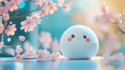 Poster - A playful and cute character with a round shape and cheerful expression, surrounded by delicate cherry blossoms, evoking feelings of joy and tranquility.