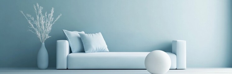 Poster - A serene and stylish minimalist living room featuring a soft blue wall and a cozy sofa adorned with plush cushions, creating a tranquil atmosphere.
