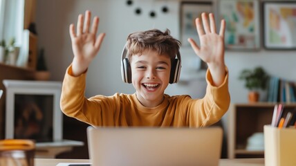 Poster - Young boy waves hello while using laptop in cozy indoor space
