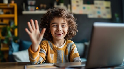 Poster - Child waves hello while using laptop in a cozy indoor setting during the day