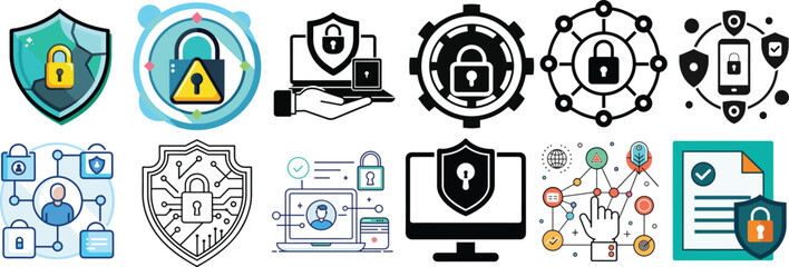Aufkleber - Cyber security icons set isolated on white background isolated on transparent background