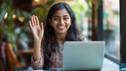 Poster - Young woman waves hello while working on a laptop in a cozy cafe setting with greenery