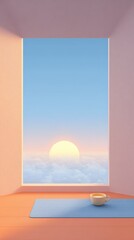 Wall Mural - Window view overlooks sunrise, features yoga mat and tea cup. Relaxation, mindfulness, health, wellness, peace.