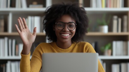 Poster - Person using laptop to connect virtually while smiling and waving hello in a cozy indoor environment
