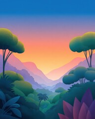 Wall Mural - Tropical forest illustration with mountains in background. Vivid natural environment, vibrant colors, beautiful mountain landscape.