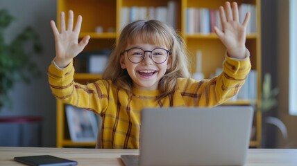 Poster - Child enthusiastically waves hello during an online session at home using a laptop