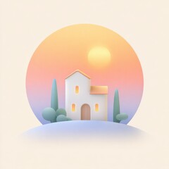 Wall Mural - Cute house sits on a hill under the sun. Whimsical, peaceful, cartoon, 3d render, dreamlike