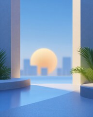 Wall Mural - Tranquil scene of a cityscape seen through an opening with tropical plants. Peaceful, sunrise, relaxation, scenic, horizon, architecture, minimalist.