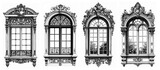 アンティーク調の優雅な窓枠イラスト（ペン画・ロココ風）Elegant Antique Window Frame Illustration (Ink Drawing, Rococo Style
