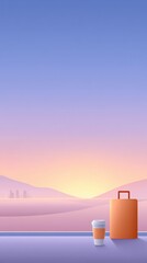 Wall Mural - Suitcase and coffee cup stand in front of landscape view at sunset. Traveling, trip, holiday, baggage, coffee, relaxation, vacation