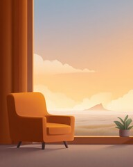 Wall Mural - Cozy orange armchair sits indoors overlooking serene landscape. Relaxing interior, peace, getaway, minimal design.