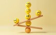 © si - emoji emoticons vertically arranged with seesaws, emotional control for career success and wellbeing concept, 3d render illustration. High quality