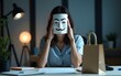 © si - Young Asian businesswoman sit on desk wear draw sad mask paper craft bag feel bad mood with fail work project in office at night. Anonymous lady mad and confuse with overwork, Work mental health.