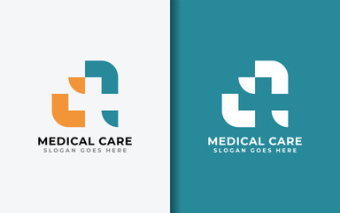 Poster - abstract medical cross logo design with unique modern minimalist shape concept design. Medical health vector illustration.