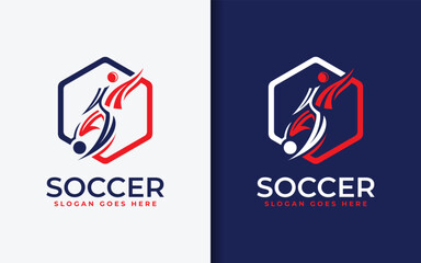 Poster - Abstract soccer logo with kicking player silhouette inside hexagon shape. Sport vector illustration.