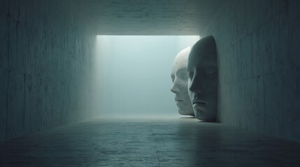 Poster - Surreal Mask Fading Into a Neutral Void, Creating an Atmospheric and Thought-Provoking Visual Experience