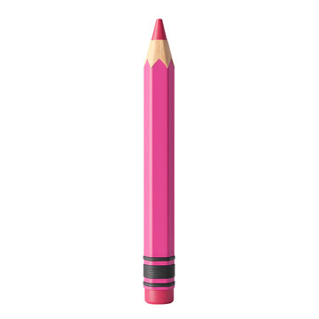 A single pink colored pencil stands upright isolated on transparent background