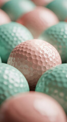 Poster - Close-up of pastel pink and green golf balls, creating a soft and textured background ideal for designs or presentations, suggesting themes of leisure, sport, and calmness