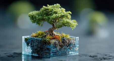 Aufkleber - Green tech concept represented by a bonsai growing on a transparent cube with a visible digital circuit inside, suggesting eco friendly technology and environmental awareness