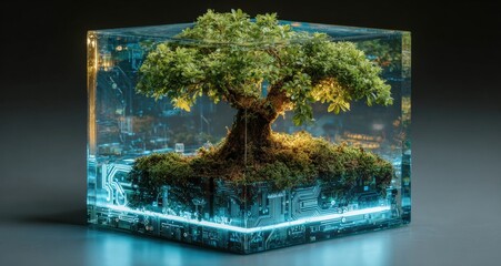 Aufkleber - Miniature tree growing inside a transparent cube with a circuit board at the bottom, illuminated by a soft light, symbolizing the fusion of nature and technology
