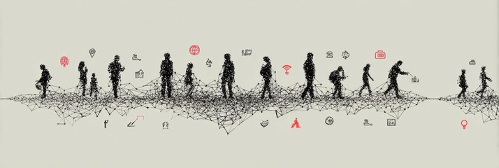 Aufkleber - Visual Lifeline Representation Illustrating Connection Among Diverse Individuals Through String Links, Emphasizing Relationships and Interactions Over Time