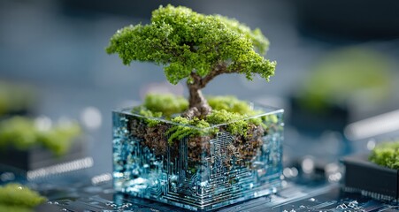 Poster - Lush green tree growing on a transparent digital cube with a circuit board background, representing the concept of sustainable technology and environmental protection