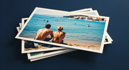 Poster - Stack of photos depicting a couple's back view at a beach, showcasing summer vacation memories and travel photography