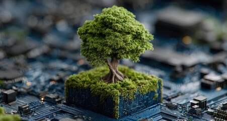 Poster - Lush green tree growing on a blue digital cube against a circuit board background, symbolizing sustainable technology and environmental protection