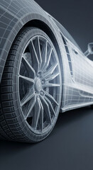 Poster - Close-up of wireframe car wheel and tire, showcasing automotive design detail.  Clean lines and geometric precision symbolize engineering and technology.  Free space for text