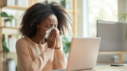 Poster - Woman working on laptop while feeling unwell and covering her nose with tissue in home office