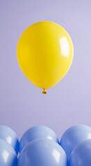 Poster - Single yellow balloon floats above a cluster of light-blue balloons against a lavender background, showcasing a simple yet striking contrast and suggesting concepts of uniqueness or standing out
