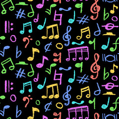 Poster - Handwritten pop music elements. Charcoal style seamless pattern. Scribble notes in rainbow colors for kindergarten kids. Vector illustration of a cute childish music pastel or wax pencil signs