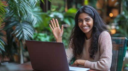 Poster - Person waving hello while working on laptop amidst greenery indoors