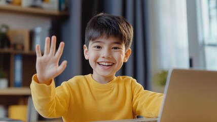 Poster - Child enthusiastically waving hello while using a laptop in a modern indoor setting