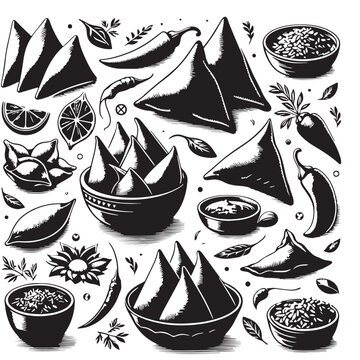 Black Samosas Silhouette Vector, High Quality Illustration on White Background