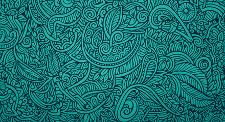Aufkleber - Intricate teal floral pattern, swirling leaves and organic shapes create a rich, detailed texture, showcasing a vibrant and lively design ideal for textile or graphic design