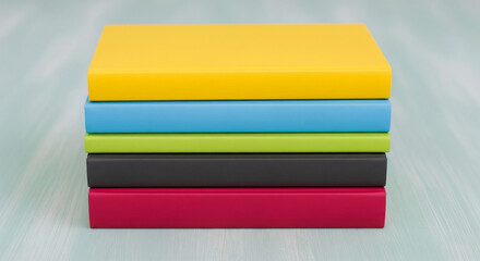 Poster - Stack of five colorful notebooks, yellow, light blue, light green, dark gray, and red, on light teal wooden surface, showcasing vibrant color palette, clean design, for education/stationery concepts