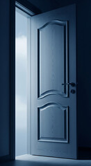 Poster - Slightly ajar blue door reveals bright light, symbolizing new beginnings, opportunity, and hope