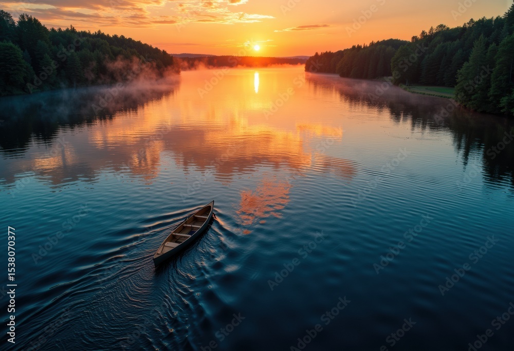 Serene sunset over a calm lake with a lone boat gliding through water ...