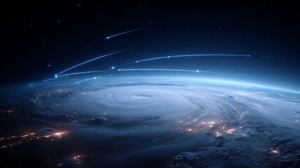Poster - A satellite probe conducts climate monitoring of a hurricane spinning over the ocean. Bright trails indicate data collection as it tracks storms and atmospheric conditions in real time.