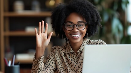 Poster - Person greeting with a smile while sitting at a laptop in a cozy workspace during the day