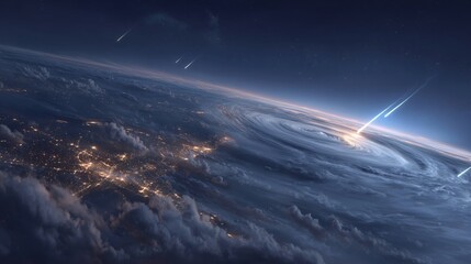 Poster - A satellite monitors climate patterns from above, gathering crucial data during storm activity. Weather probes and sensors collect information about atmospheric conditions to aid climate research.
