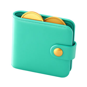 Teal leather wallet with gold coins isolated on transparent background