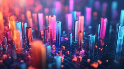Poster - Abstract D bar graph with transparent bars in vibrant hues, rising from a grid plane, representing data visualization in a futuristic style