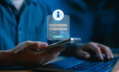 Poster - User login interface concept showing secure authentication via smartphone and laptop. Ideal for UX design, mobile apps, cybersecurity, access control and digital identity systems.