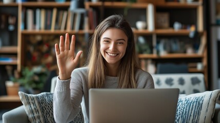 Poster - Smiling person waves hello while using a laptop in a cozy indoor setting