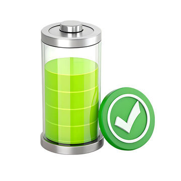 Full battery with check mark icon isolated on transparent background